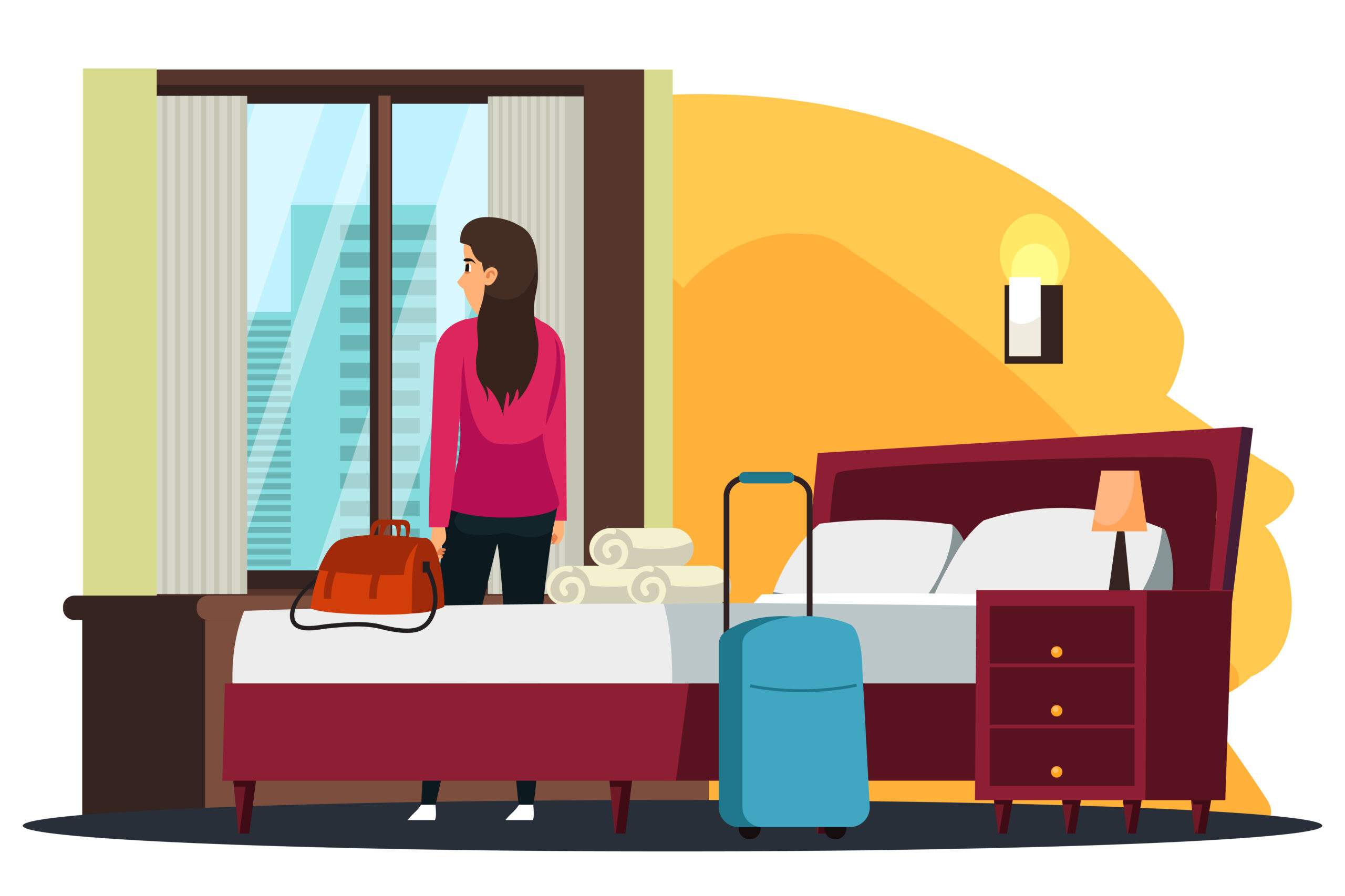 Hotel hospitality service, checkin of woman with suitcase and bag in room. Cartoon female tourist standing at window of cozy hotel apartment with bed, lamp and bedside table and looking at city Hotel hospitality service, checkin of woman with suitcase and bag in room. Cartoon female tourist standing at window of cozy hotel apartment with bed, lamp and bedside table and looking at city